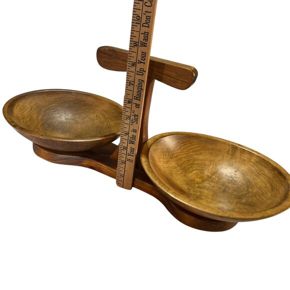Vtg Dual Dark Wood Serving Bowls Tray Mid Century MCM Kennedy Brothers VT Prim - Picture 6 of 6